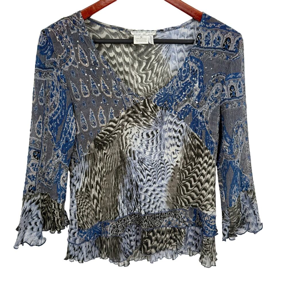 Alberto Makali Medium Blue Gray Sequined Wearable Art Blouse Shirt Top Artsy